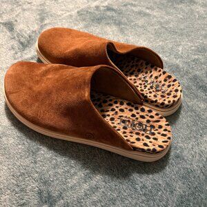Born Brown Suede Slip On Mules Cheetah Print Women's Slippers Size 10 M